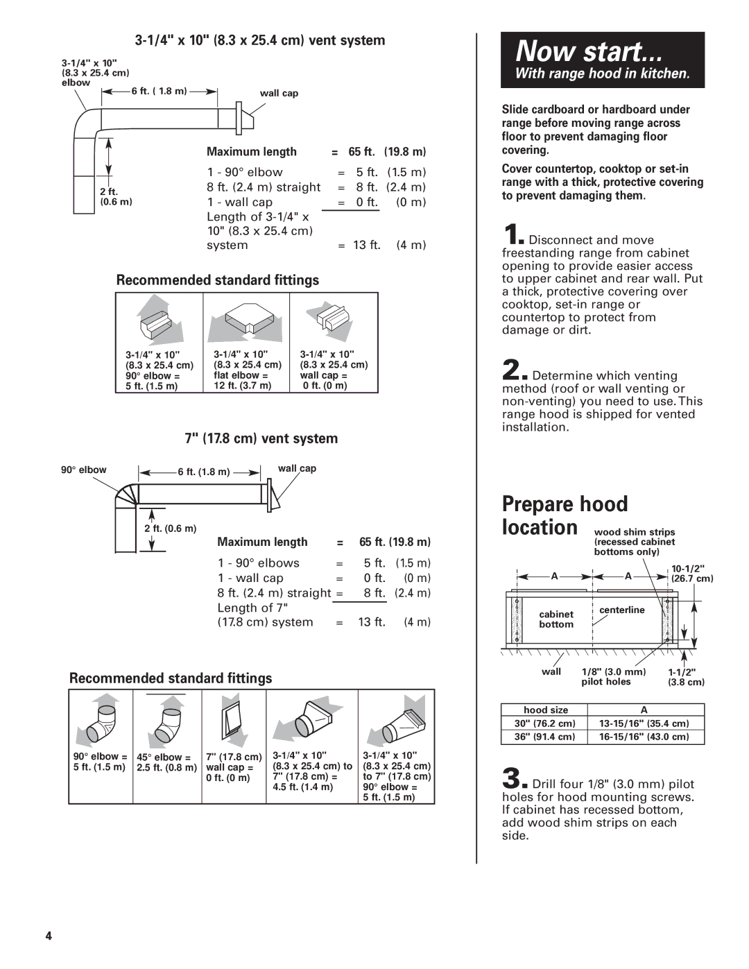 Whirlpool GZ5736 Now start, Prepare hood, 4 x 10 8.3 x 25.4 cm vent system, Recommended standard fittings, Cm vent system 