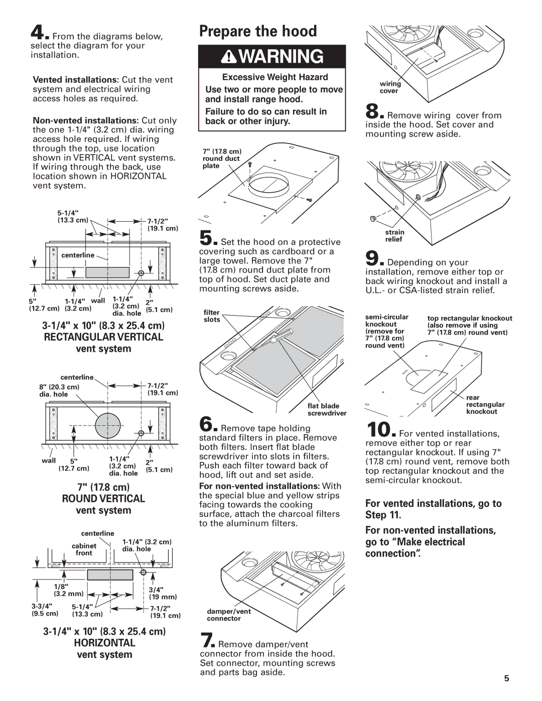 Whirlpool GZ5730, GZ5736 installation instructions Prepare the hood, 4 x 10 8.3 x 25.4 cm, Vent system, 17.8 cm 