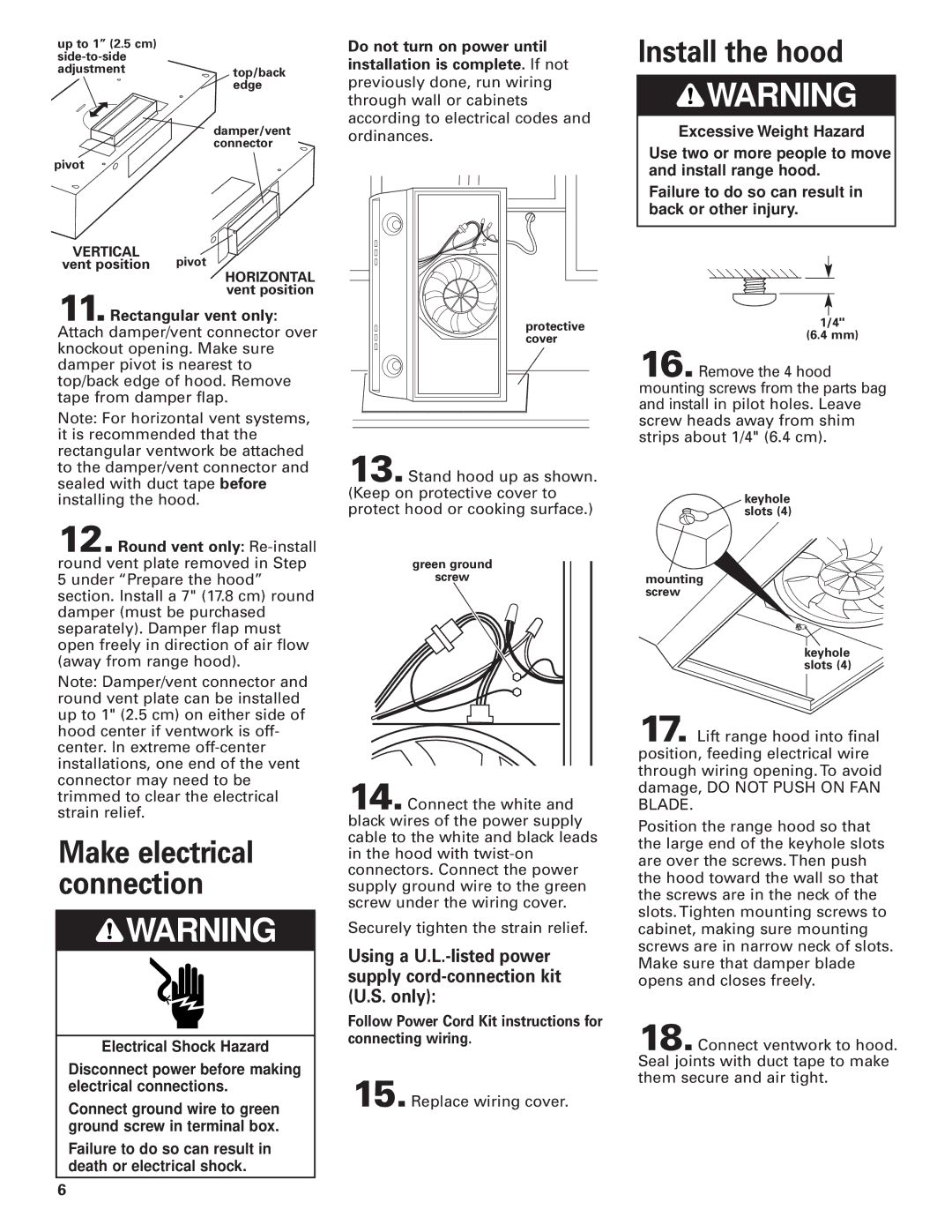 Whirlpool GZ5736, GZ5730 installation instructions Install the hood, Make electrical connection, Rectangular vent only 