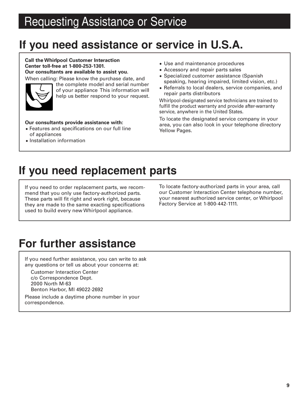 Whirlpool GZ5730, GZ5736 installation instructions Requesting Assistance or Service, Our consultants provide assistance with 