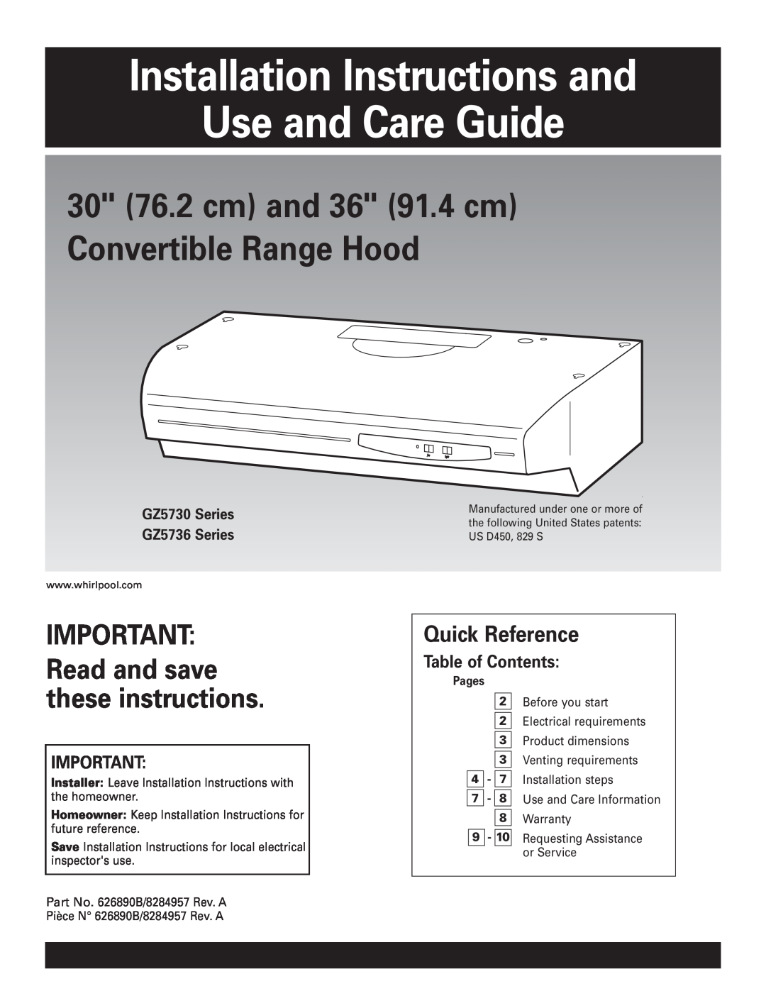 Whirlpool GZ5730, GZ5736 installation instructions 30 76.2 cm and 36 91.4 cm Convertible Range Hood, Quick Reference 