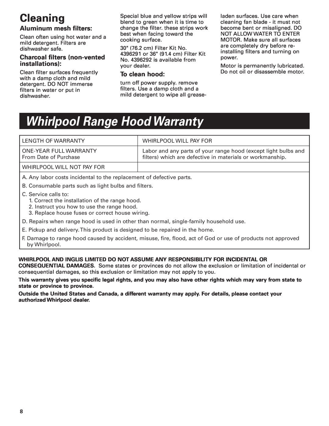 Whirlpool GZ5736 Whirlpool Range Hood Warranty, Cleaning, Aluminum mesh filters, Charcoal filters non-ventedinstallations 