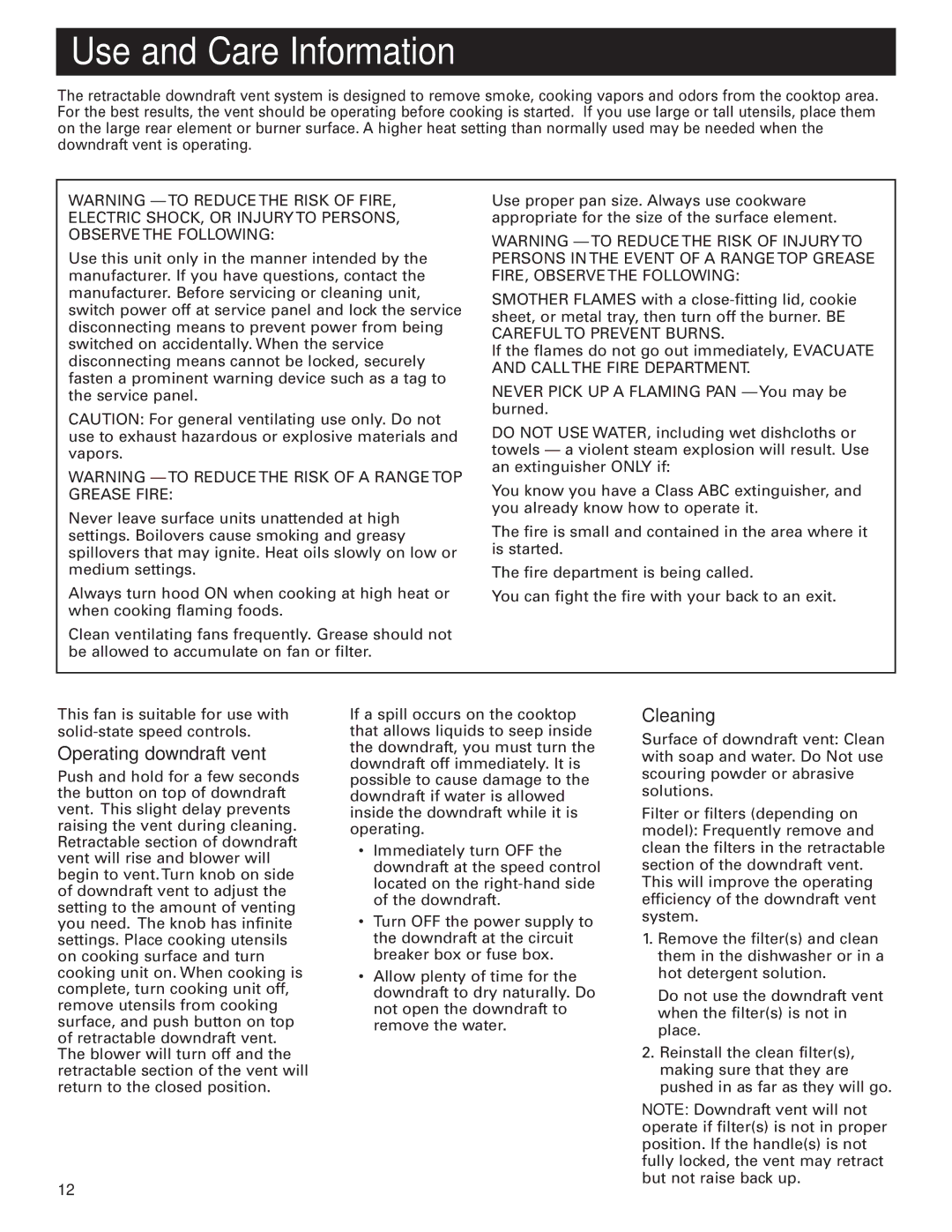 Whirlpool GZ7930XGS0 installation instructions Use and Care Information, Operating downdraft vent, Cleaning 