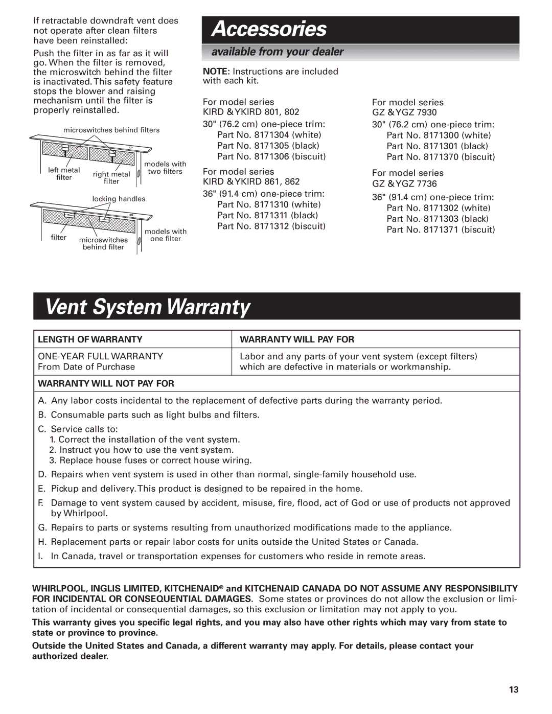 Whirlpool GZ7930XGS0 installation instructions Accessories, Vent System Warranty 