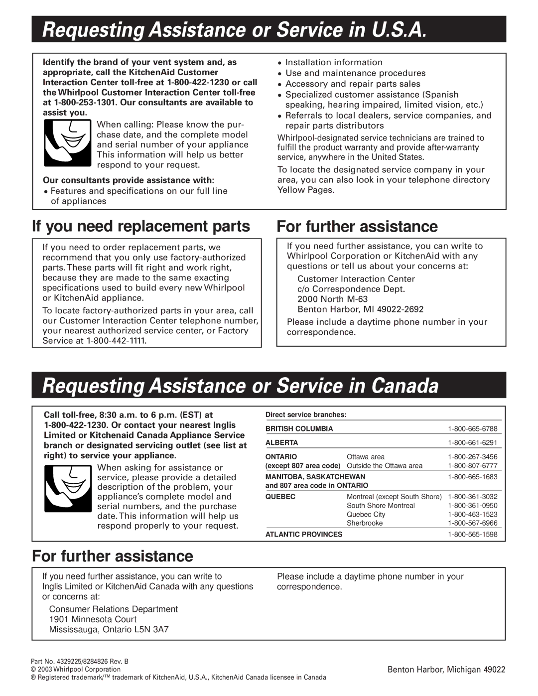 Whirlpool GZ7930XGS0 Requesting Assistance or Service in U.S.A, Requesting Assistance or Service in Canada 