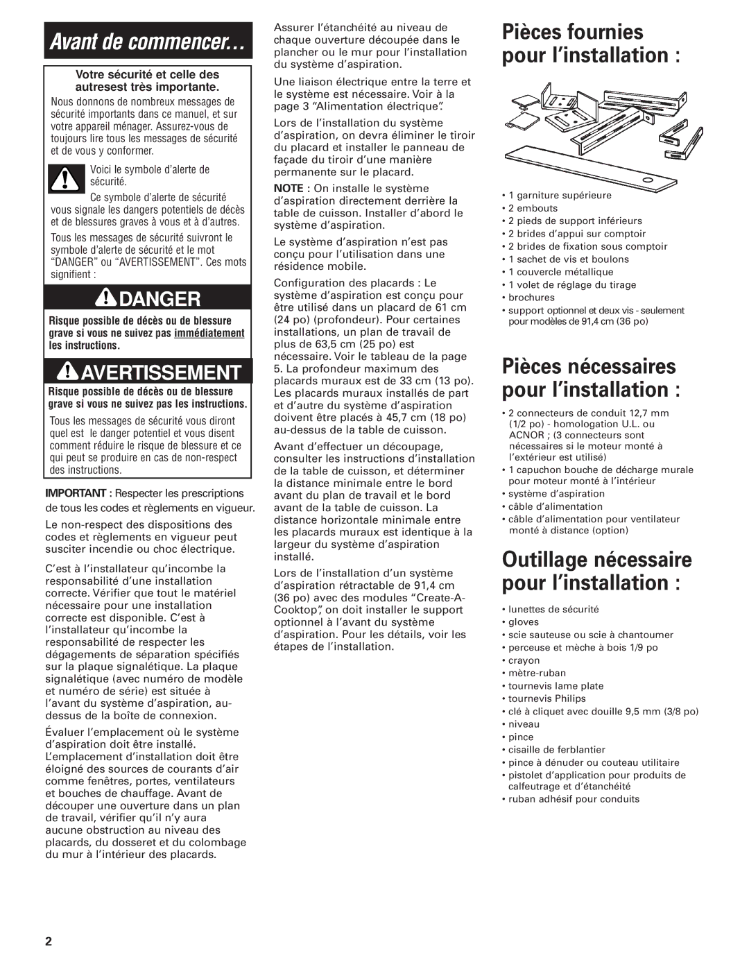 Whirlpool GZ7930XGS0 installation instructions Avant de commencer 