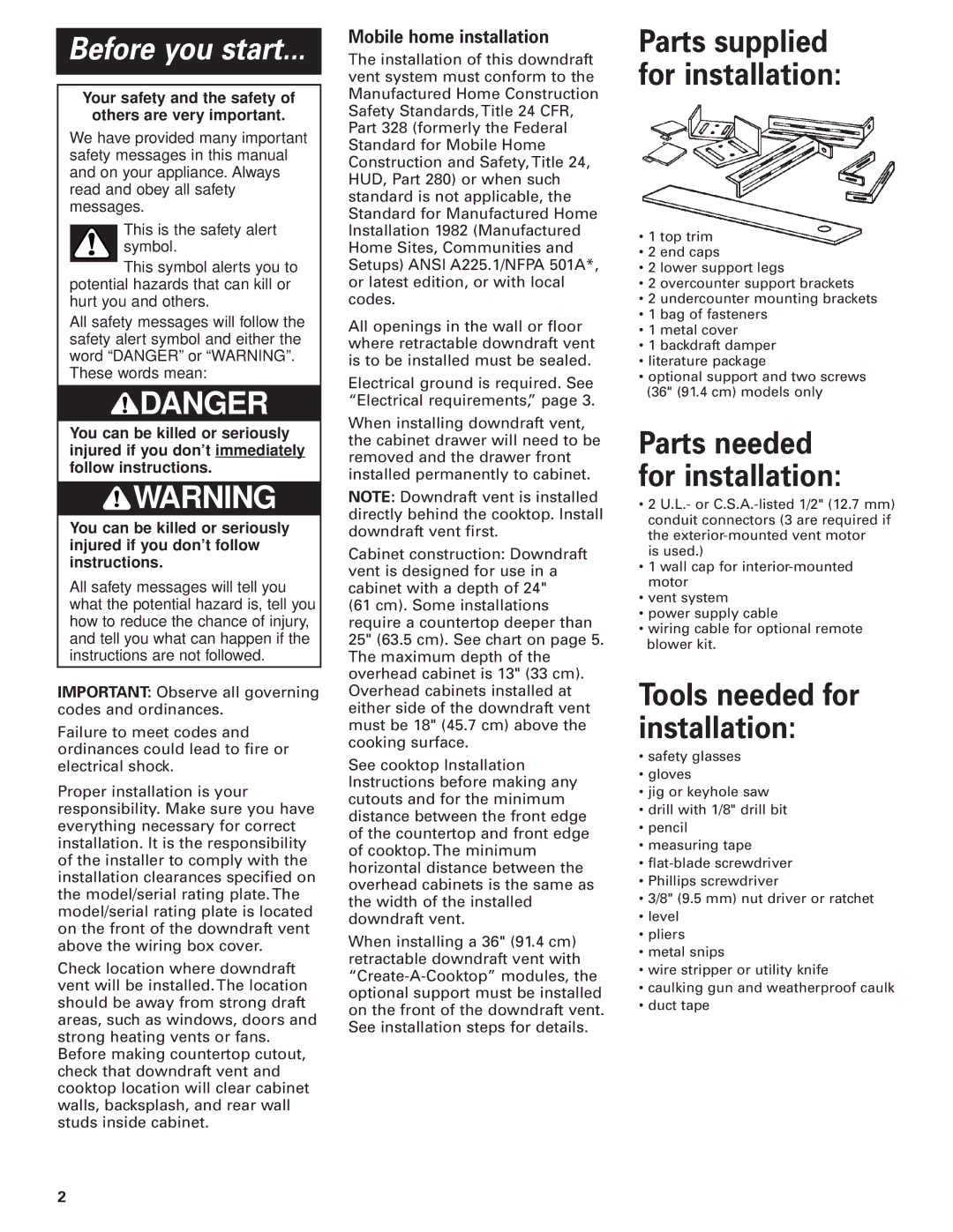 Whirlpool GZ7930XGS0 installation instructions Before you start, Mobile home installation 