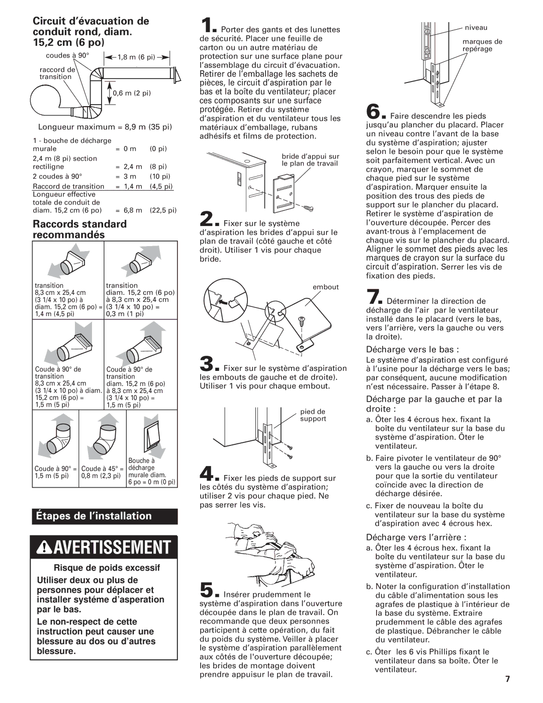 Whirlpool GZ7930XGS0 installation instructions Circuit d’évacuation de conduit rond, diam ,2 cm 6 po, Recommandés 