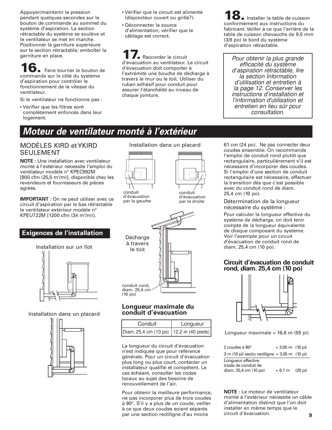 Whirlpool GZ7930XGS0 installation instructions Longueur maximale du, Conduit d’évacuation 