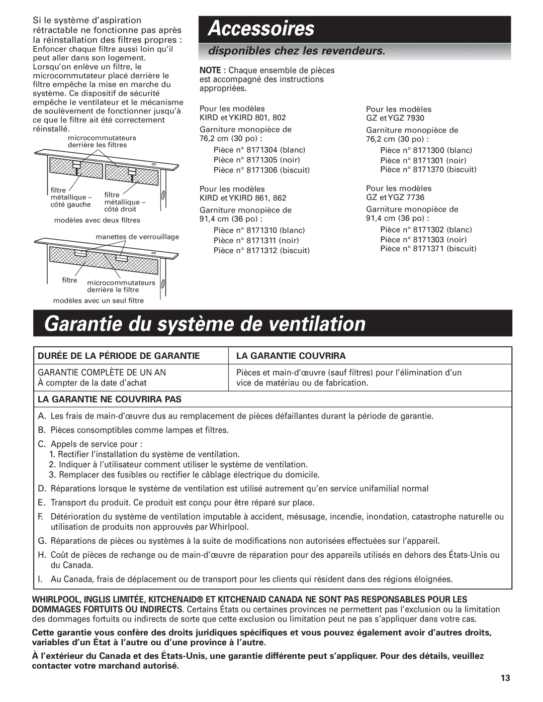 Whirlpool GZ7930XGS0 installation instructions Accessoires, Garantie du système de ventilation 