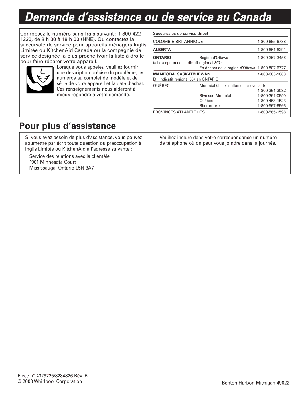 Whirlpool GZ7930XGS0 installation instructions Demande d’assistance ou de service au Canada, Pour plus d’assistance 