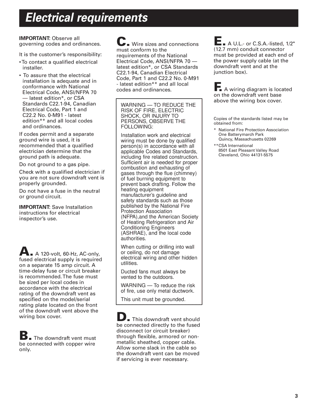 Whirlpool GZ7930XGS0 installation instructions Electrical requirements 