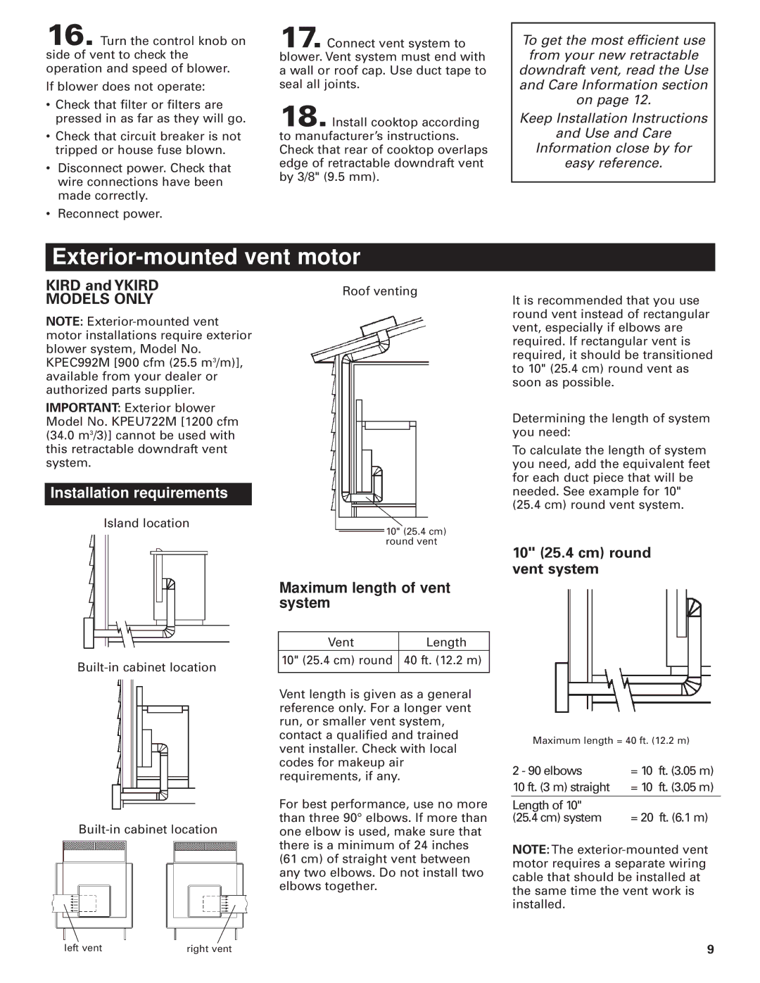 Whirlpool GZ7930XGS0 installation instructions Kird and Ykird, 10 25.4 cm round vent system 