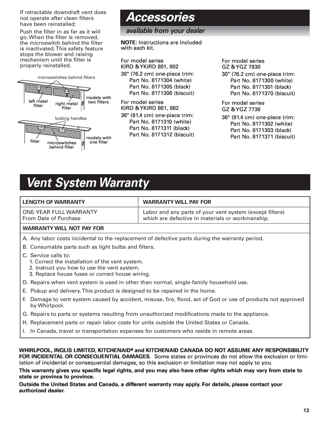 Whirlpool GZ7930XGS0 Accessories, Vent System Warranty, available from your dealer, Length Of Warranty 