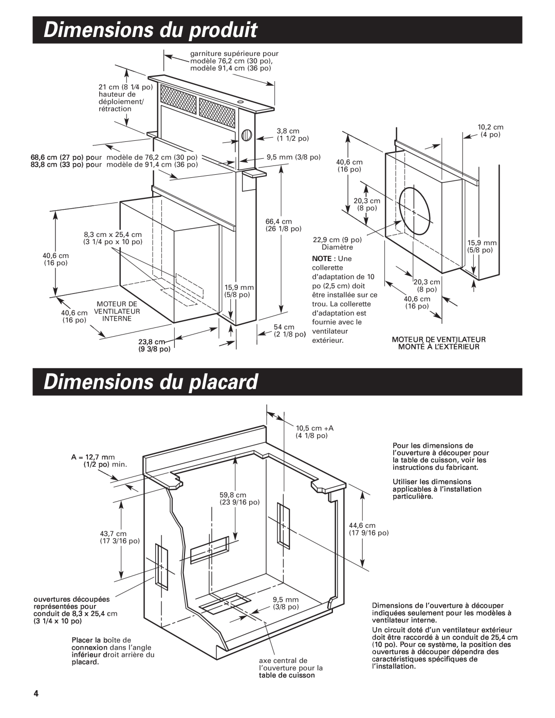 Whirlpool GZ7930XGS0 installation instructions Dimensions du produit, Dimensions du placard, NOTE Une 