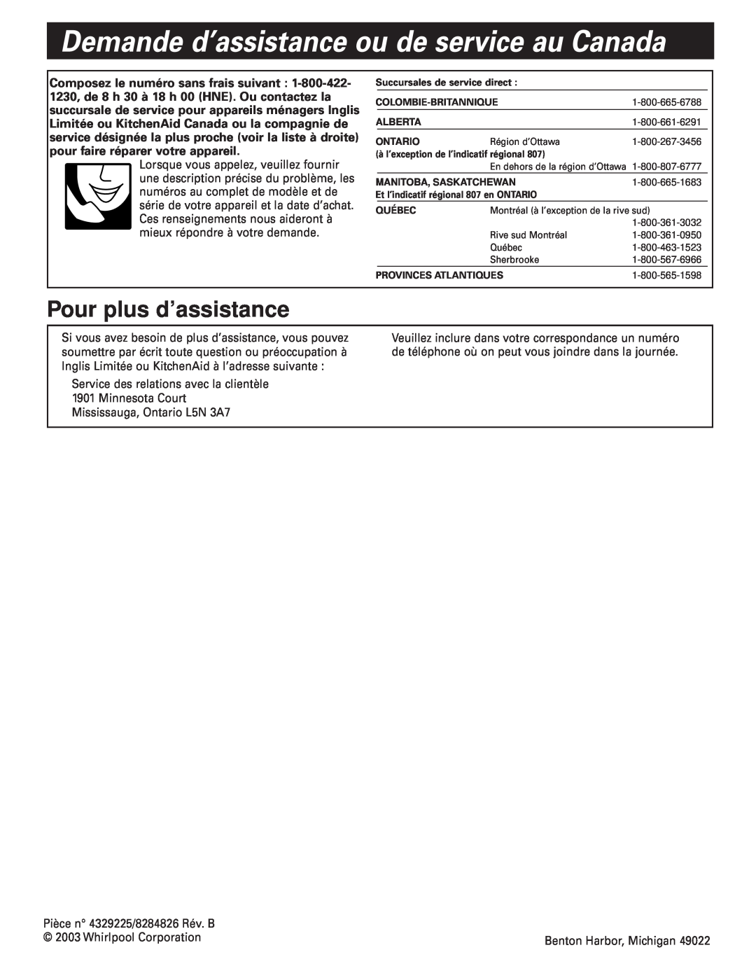 Whirlpool GZ7930XGS0 installation instructions Demande d’assistance ou de service au Canada, Pour plus d’assistance 