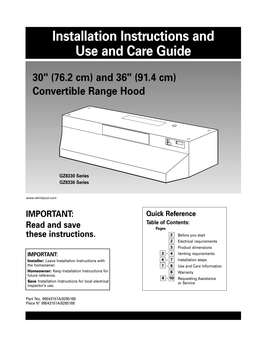 Whirlpool GZ8336, GZ8330 installation instructions Quick Reference, Table of Contents 