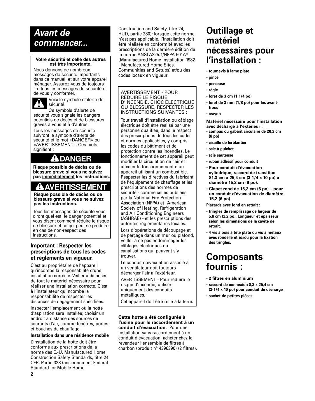 Whirlpool GZ8330, GZ8336 installation instructions Avant de Commencer, Outillage et matériel nécessaires pour l’installation 