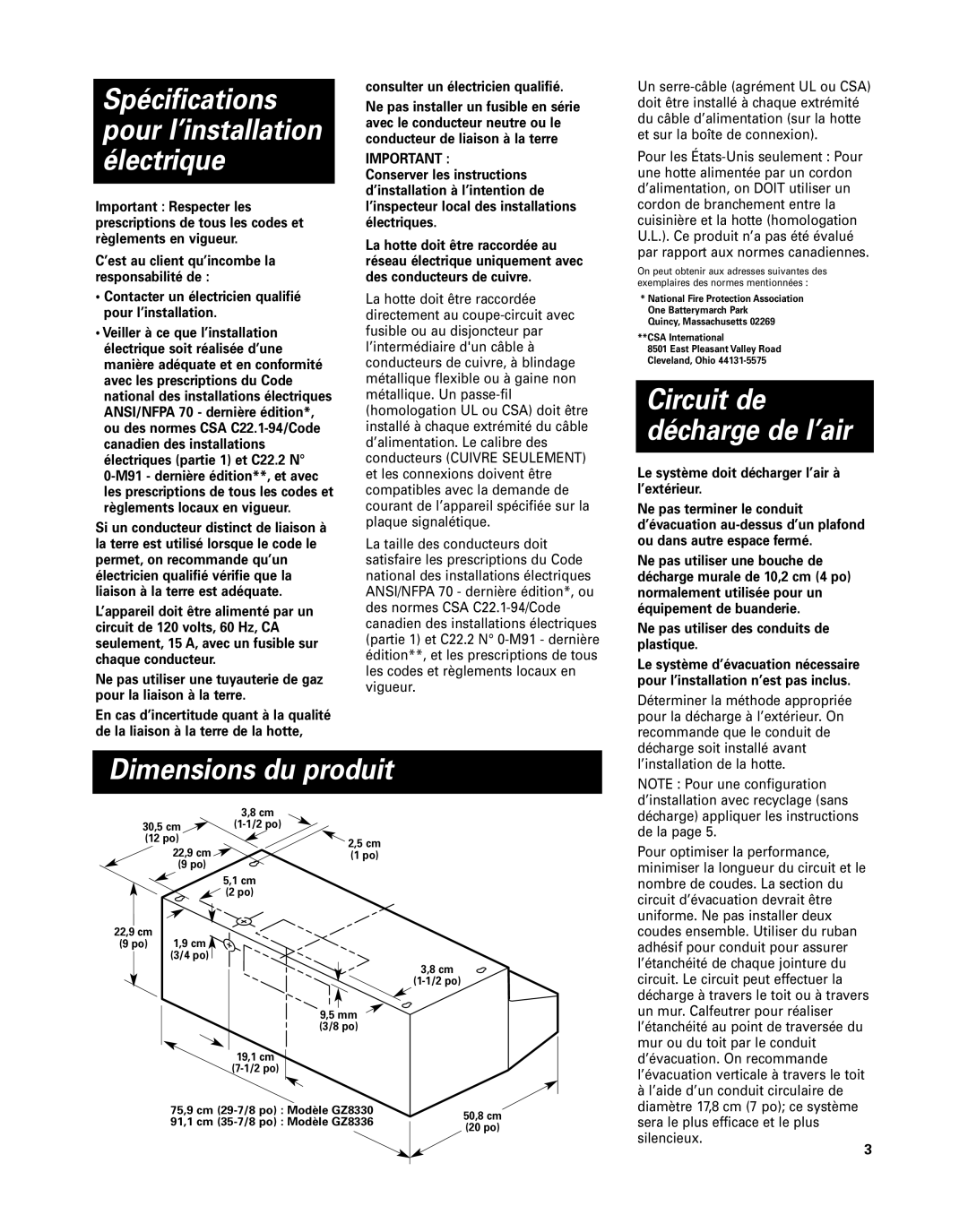 Whirlpool GZ8336 Dimensions du produit, Consulter un électricien qualifié, Le système doit décharger l’air à l’extérieur 