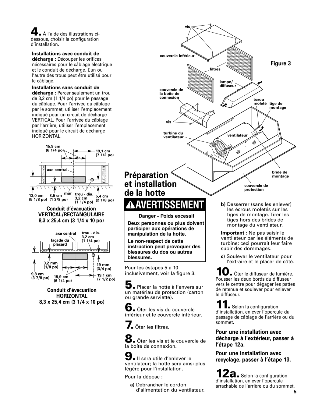 Whirlpool GZ8336, GZ8330 Préparation, Et installation, De la hotte, Conduit d’évacuation, X 25,4 cm 3 1/4 x 10 po 