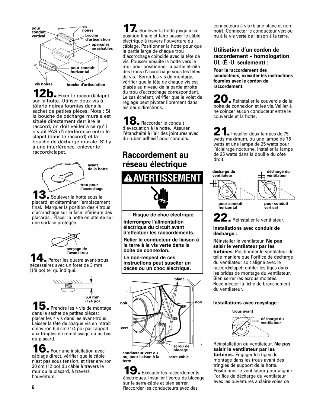 Whirlpool GZ8330, GZ8336 installation instructions Installations avec conduit de décharge, Installations avec recyclage 