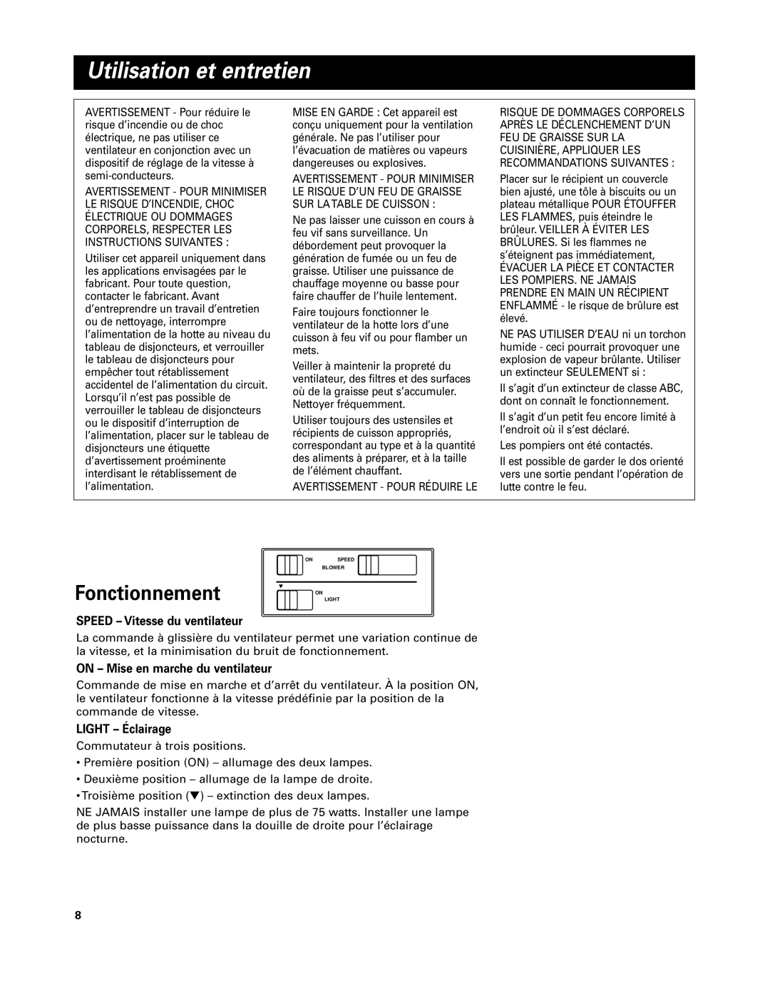 Whirlpool GZ8330 Utilisation et entretien, Fonctionnement, Speed Vitesse du ventilateur, On Mise en marche du ventilateur 