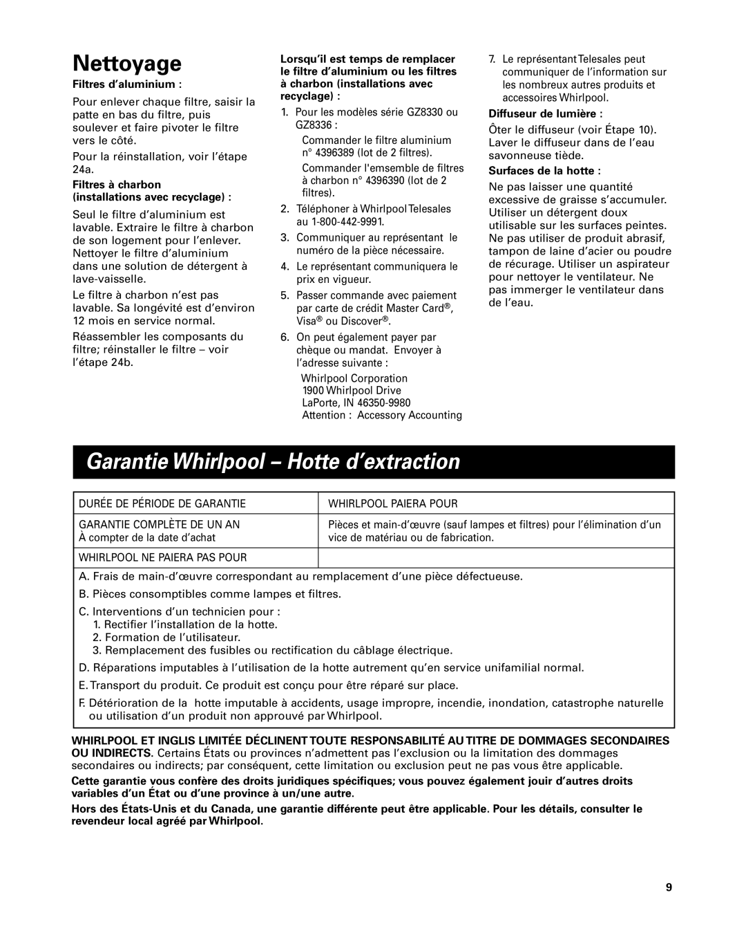 Whirlpool GZ8336, GZ8330 installation instructions Nettoyage, Garantie Whirlpool Hotte d’extraction 