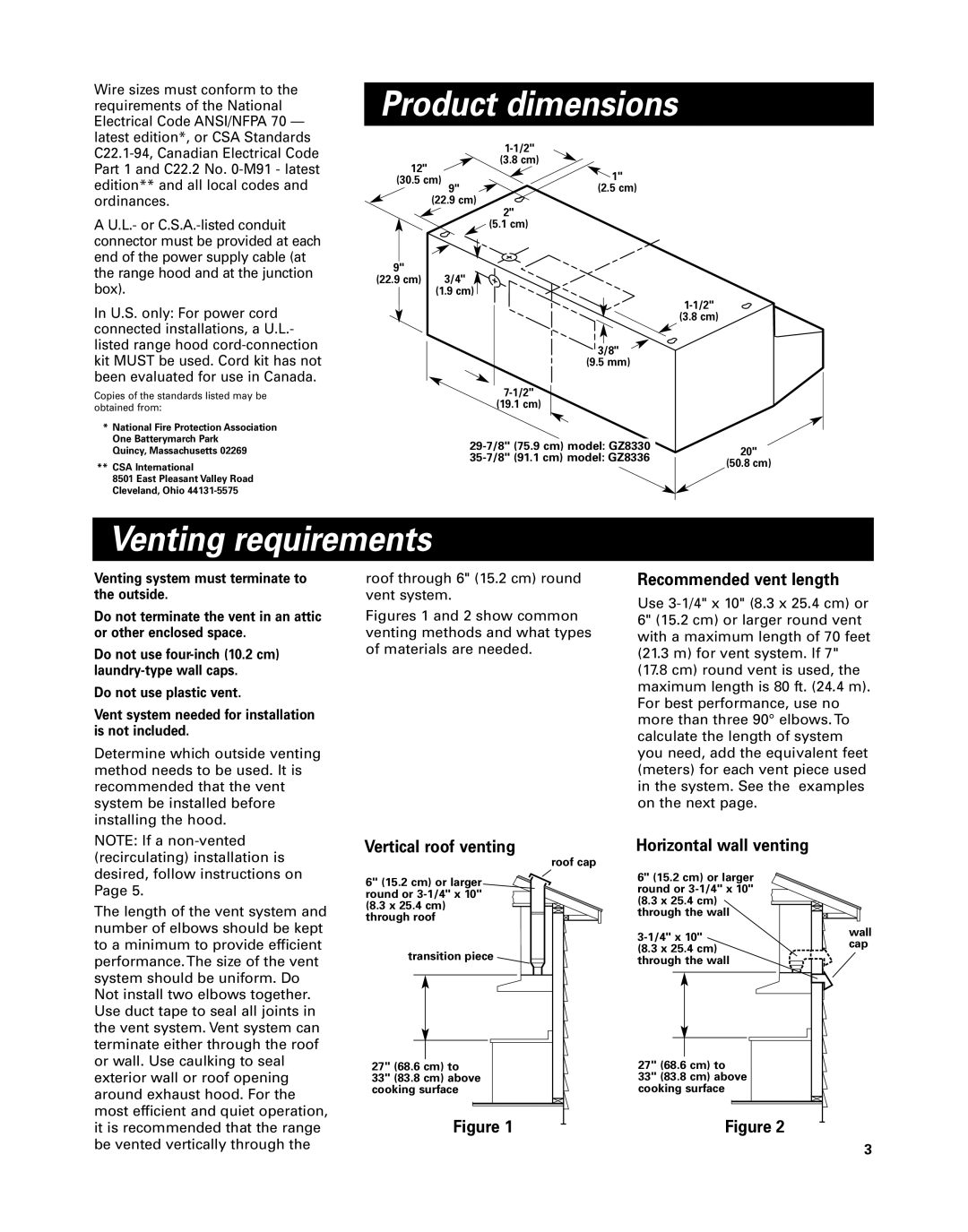 Whirlpool GZ8336, GZ8330 Product dimensions, Venting requirements, Vertical roof venting, Recommended vent length 