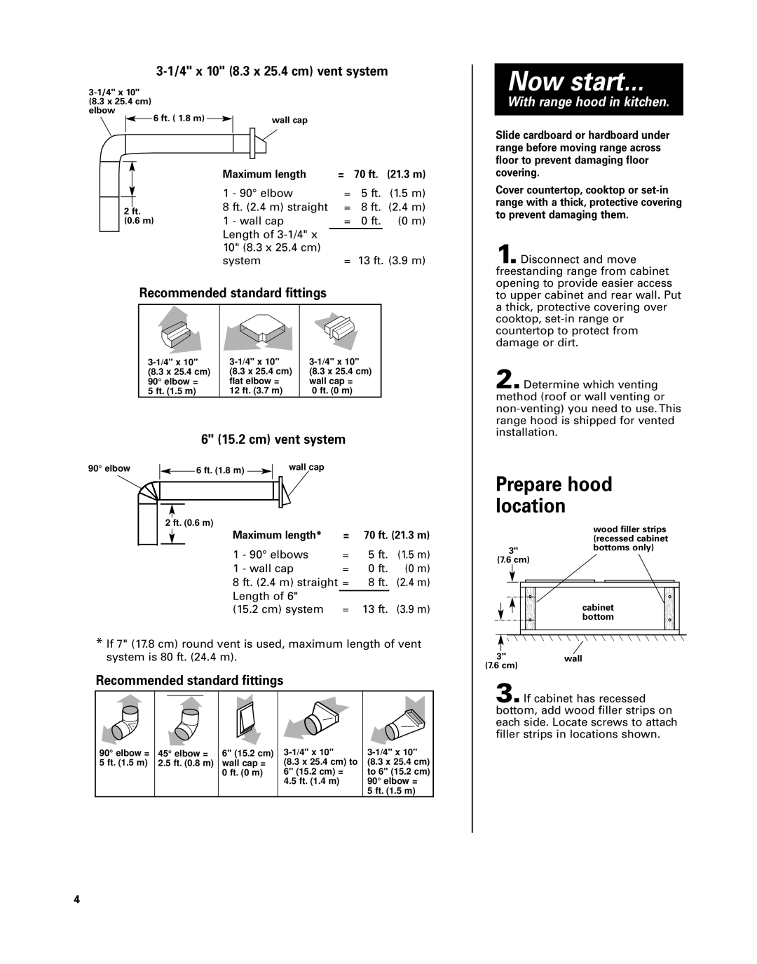 Whirlpool GZ8330, GZ8336 Now start, 4 x 10 8.3 x 25.4 cm vent system, Recommended standard fittings, Cm vent system 