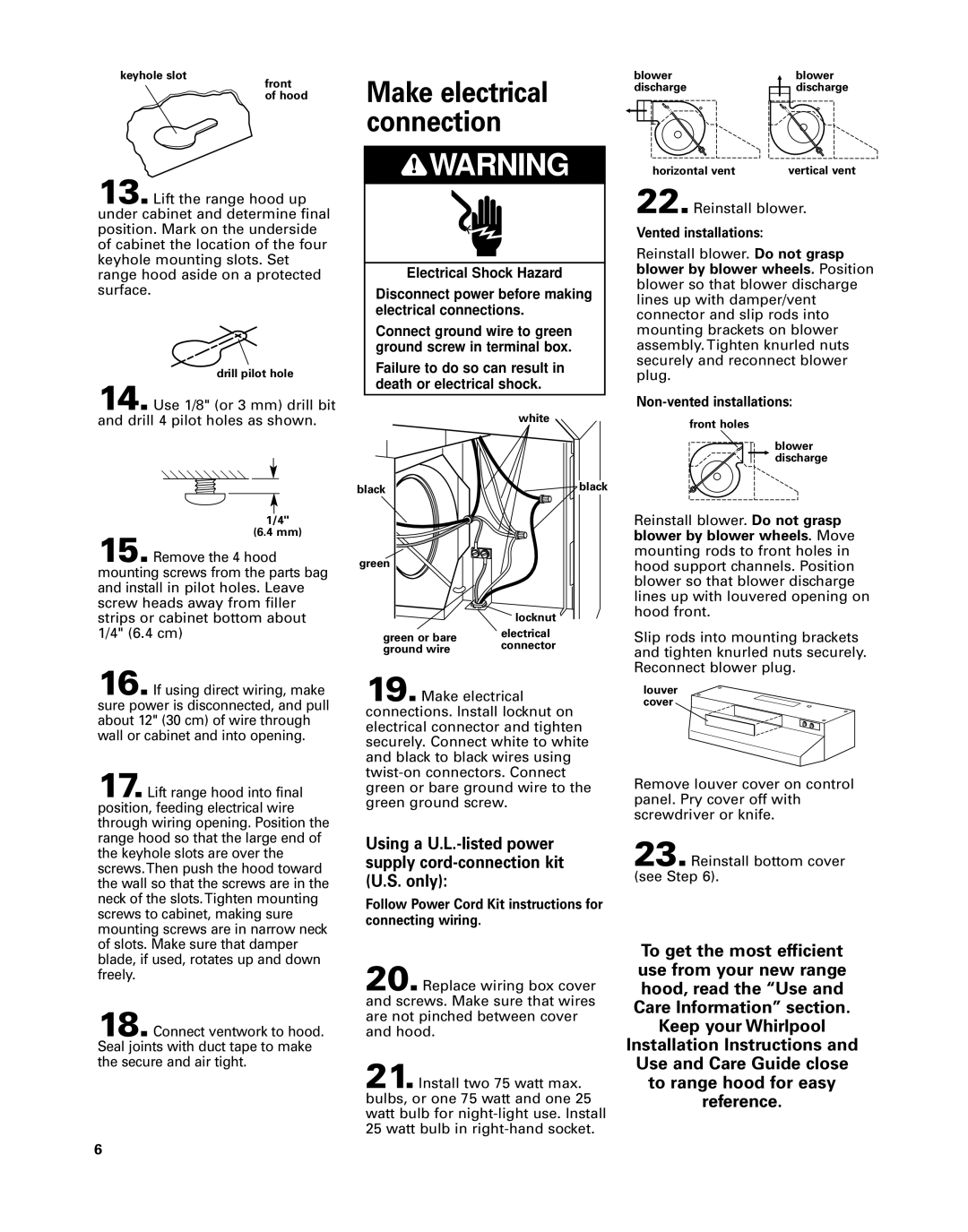 Whirlpool GZ8330, GZ8336 Make electrical connection, Follow Power Cord Kit instructions for connecting wiring 