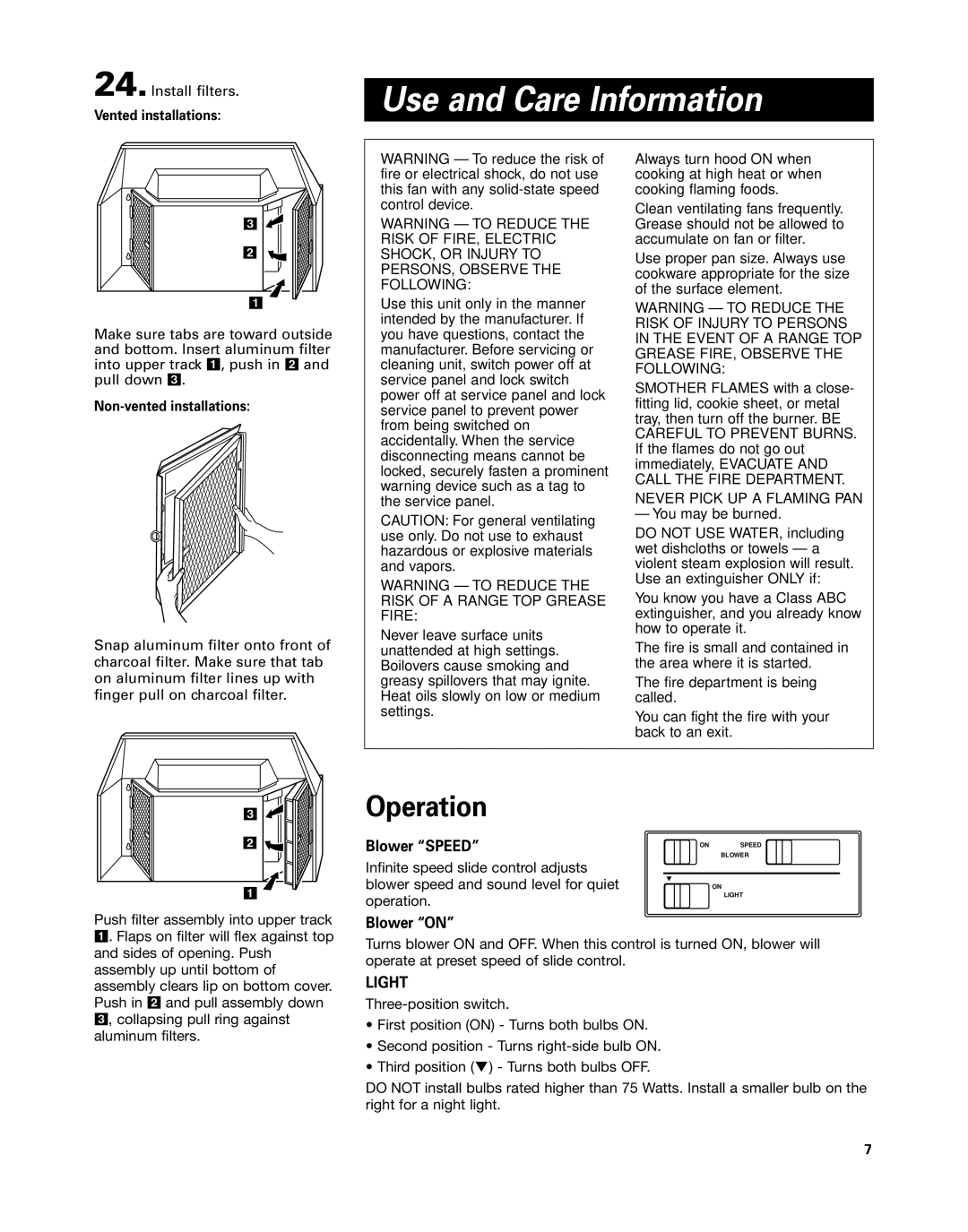 Whirlpool GZ8336, GZ8330 installation instructions Operation, Blower Speed, Blower on 