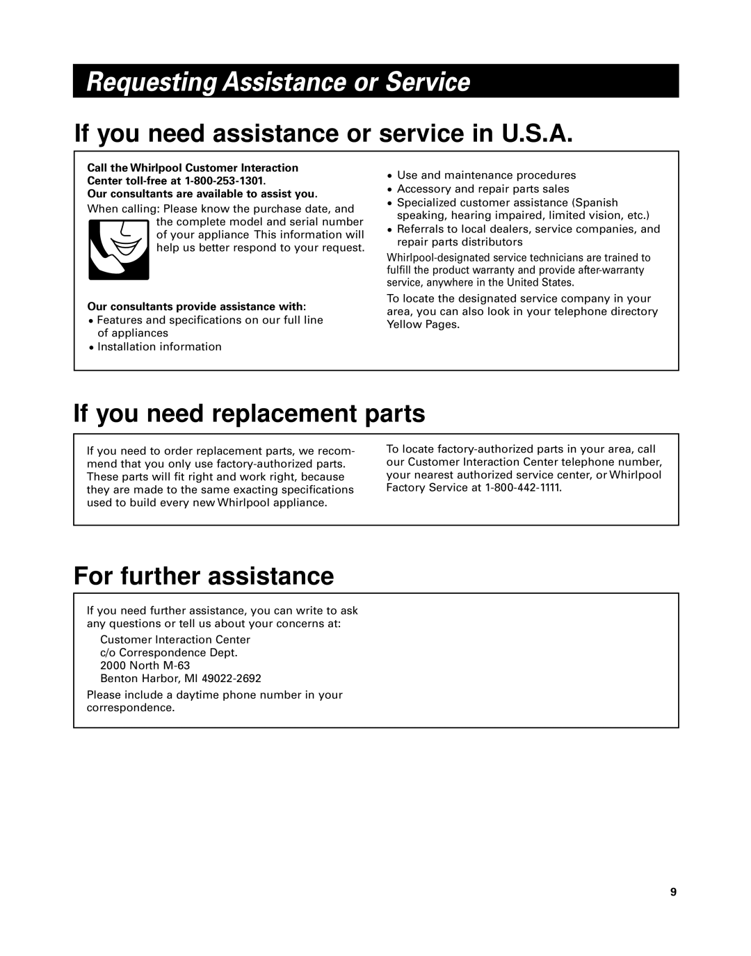 Whirlpool GZ8336, GZ8330 installation instructions Requesting Assistance or Service, Our consultants provide assistance with 