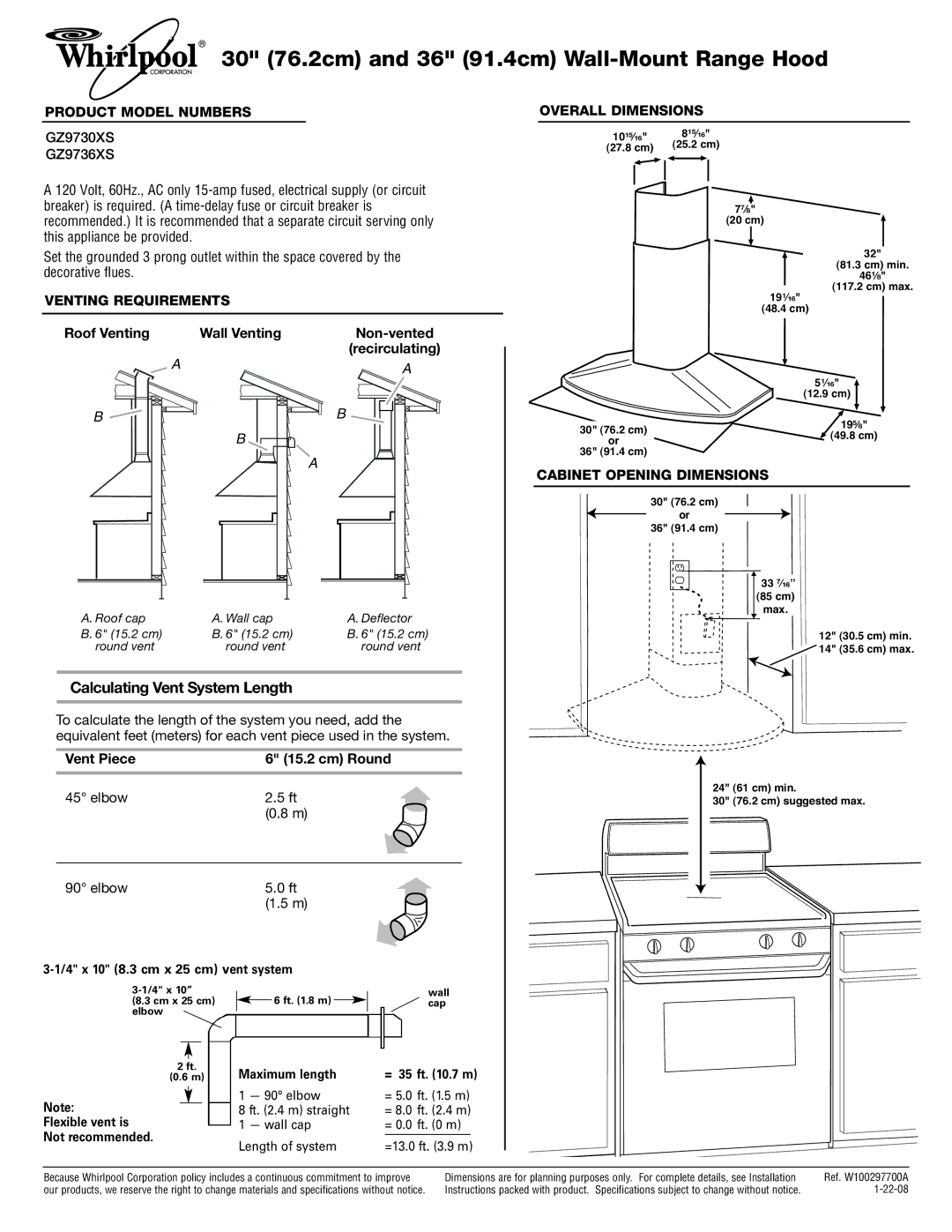 Whirlpool GZ9730XS, GZ9736XS dimensions 30 76.2cm and 36 91.4cm Wall-Mount Range Hood, Calculating Vent System Length 