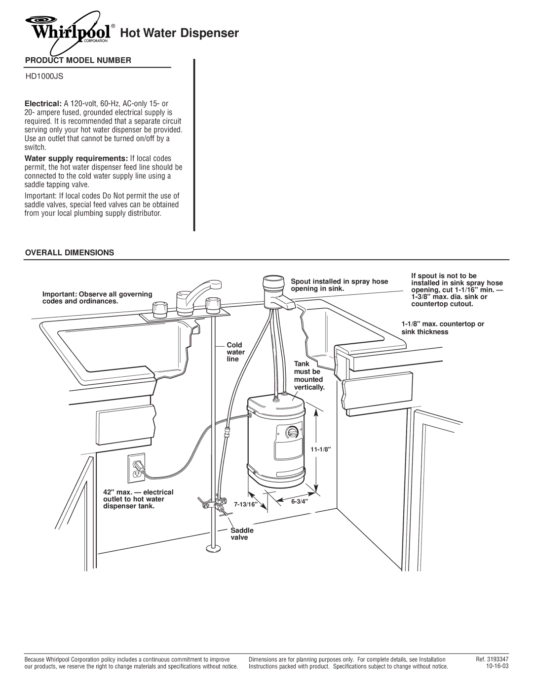 Whirlpool HD1000JS dimensions Hot Water Dispenser, Product Model Number, Overall Dimensions 