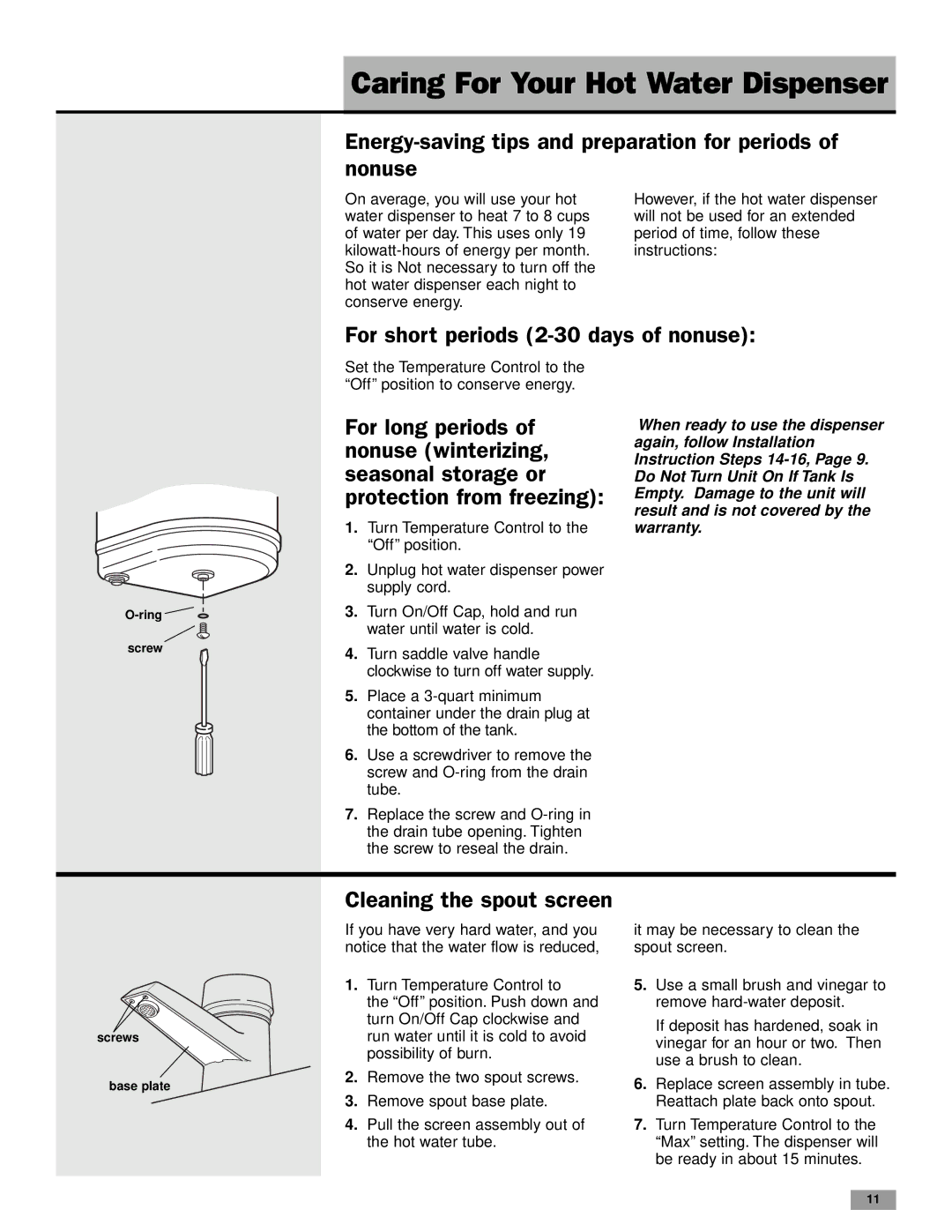 Whirlpool HD1000XSC7 Caring For Your Hot Water Dispenser, Energy-saving tips and preparation for periods Nonuse 