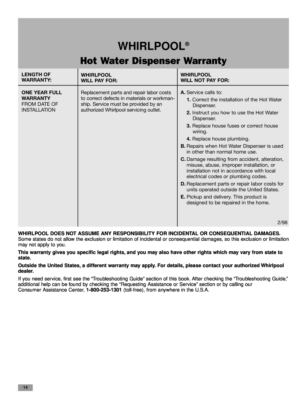 Whirlpool HD1000XSC7 Hot Water Dispenser Warranty, Length Of, Whirlpool, Will Pay For, Will Not Pay For, One Year Full 