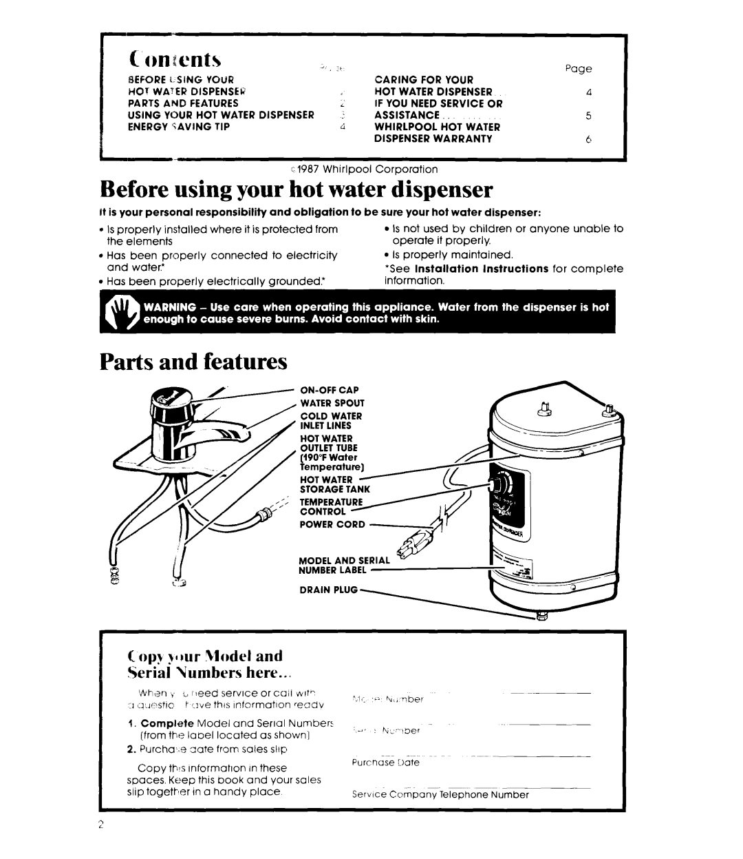 Whirlpool HDIOOOXS manual Before using your hot water dispenser, Parts and features 