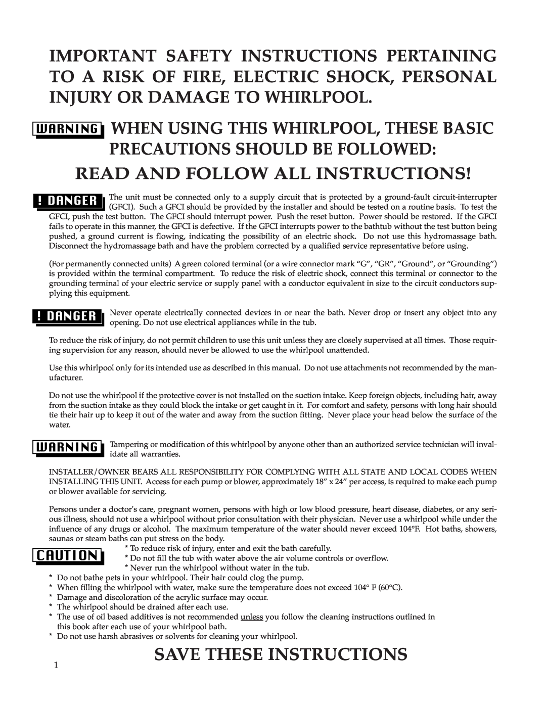 Whirlpool Hot Tub When Using This Whirlpool, These Basic Precautions Should Be Followed, Read And Follow All Instructions 