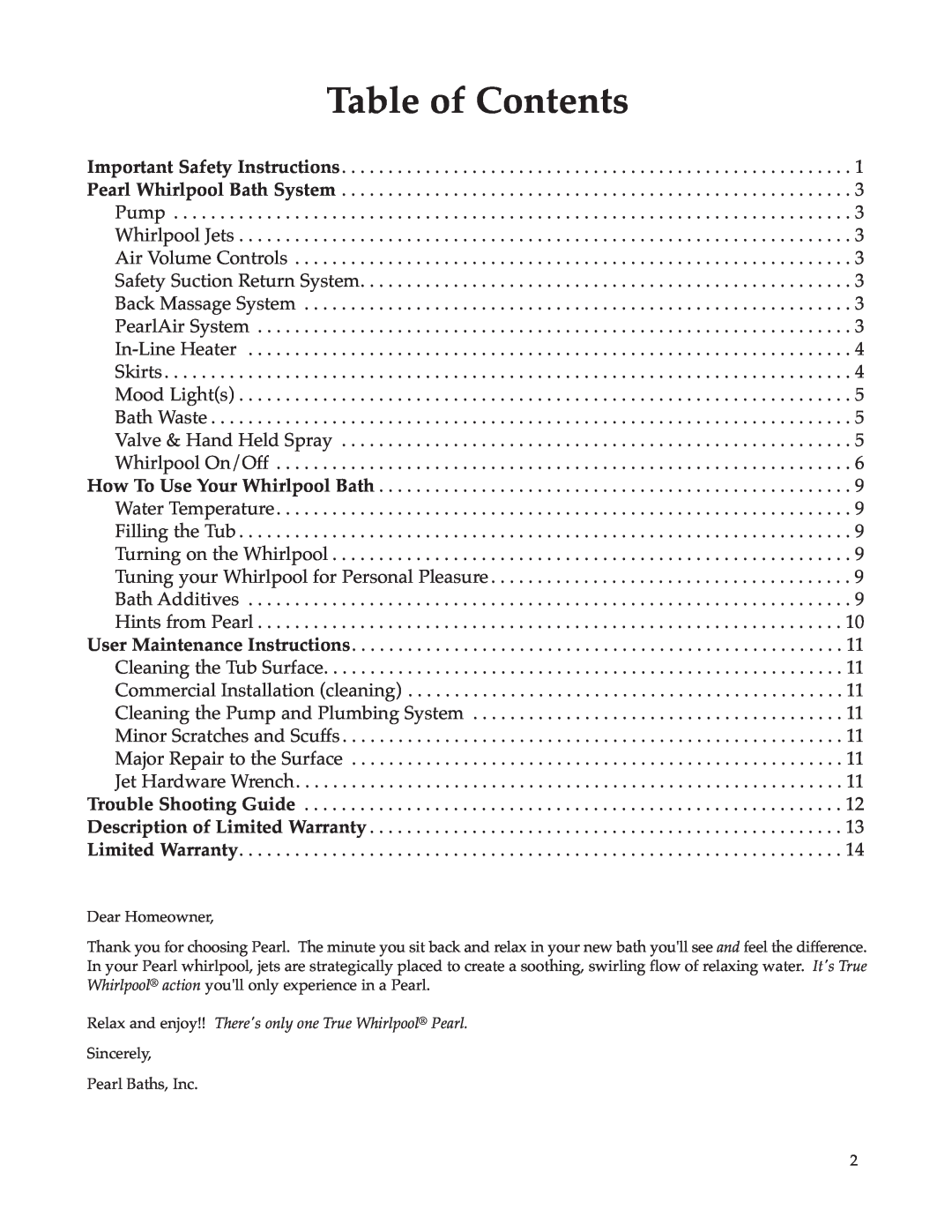 Whirlpool Hot Tub owner manual Table of Contents, Dear Homeowner, Sincerely Pearl Baths, Inc 