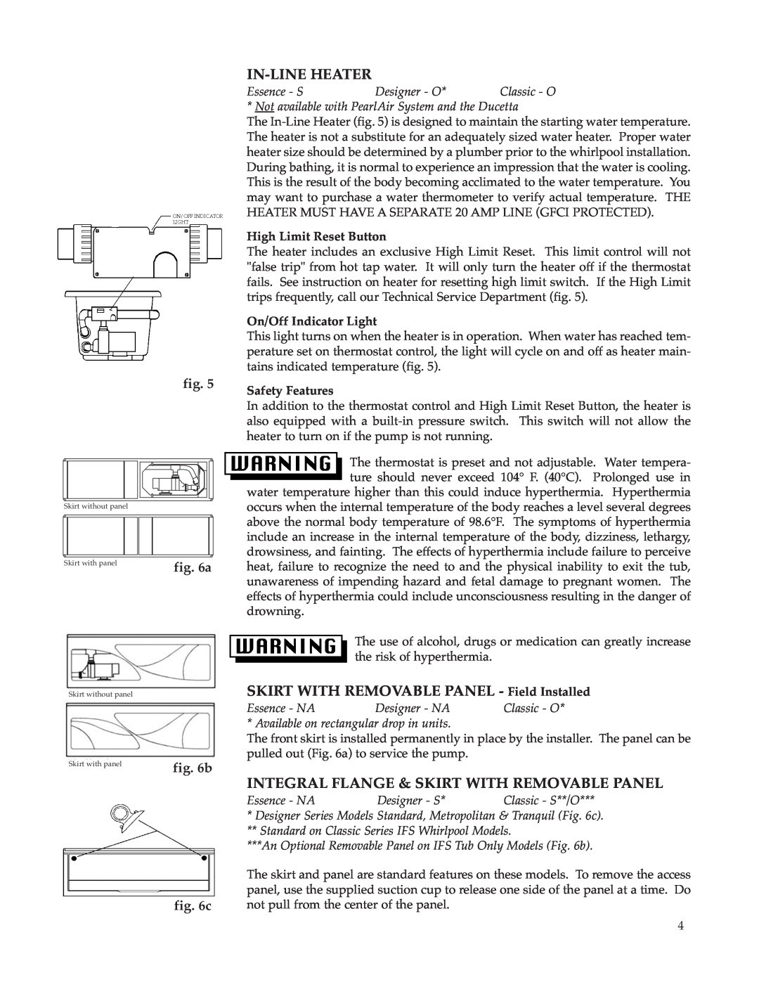 Whirlpool Hot Tub owner manual In-Line Heater, SKIRT WITH REMOVABLE PANEL - Field Installed, a b c, High Limit Reset Button 