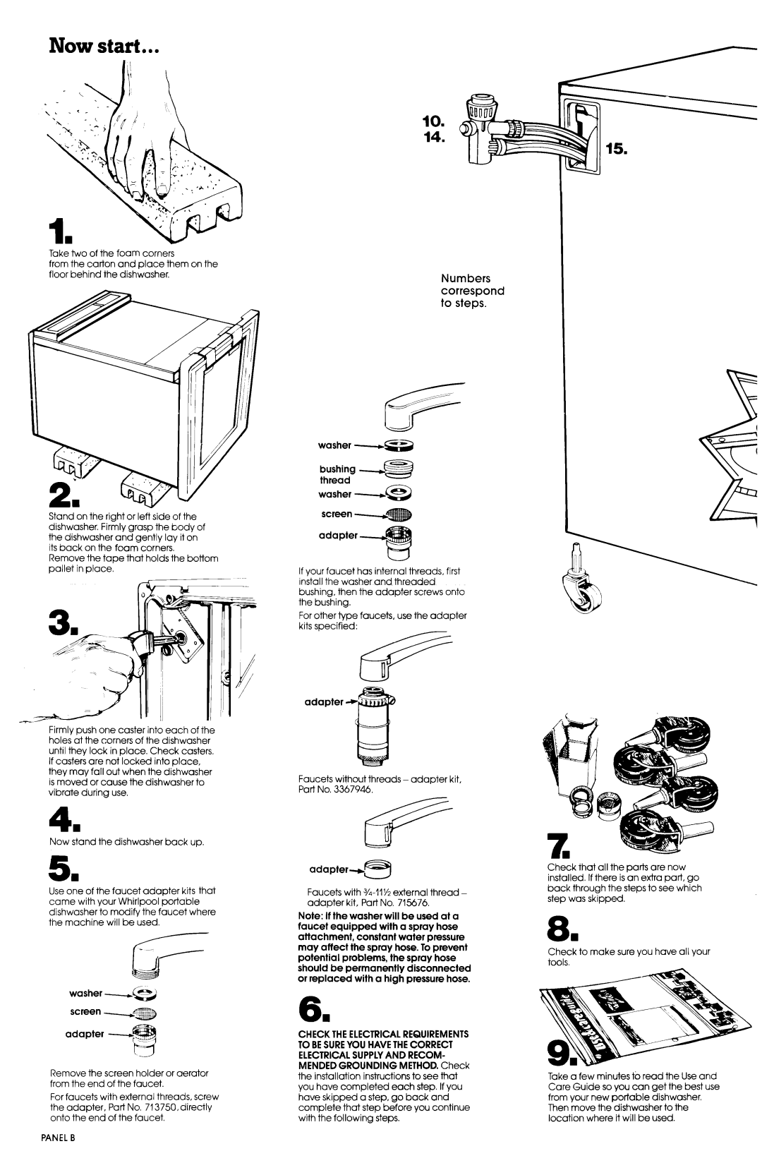 Whirlpool I-43 manual Now start, Numbers correspond to steps washer -sa, washer - es screen adapter, adapter + 