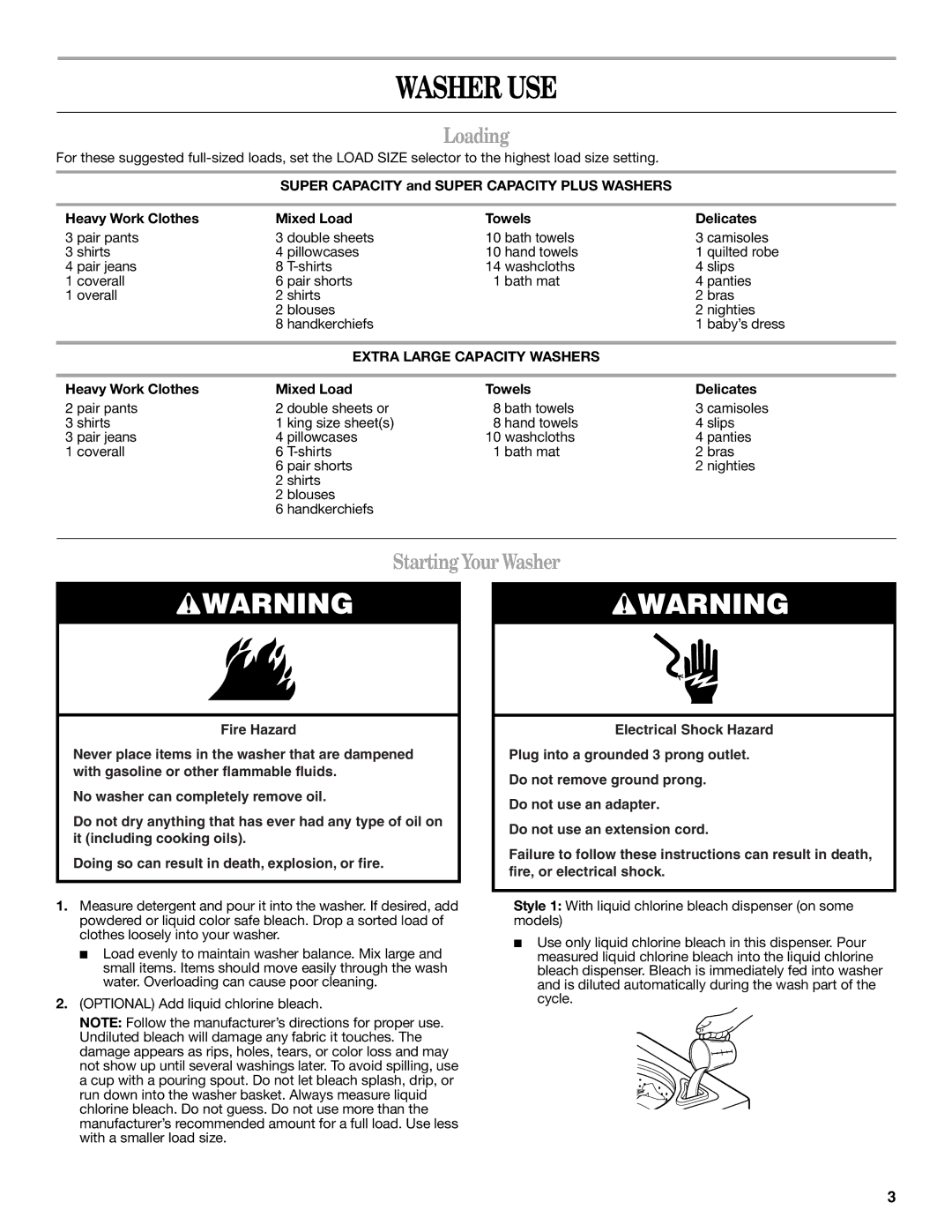 Whirlpool IAS5000RQ0 warranty Washer USE, Loading, Starting YourWasher, Extra Large Capacity Washers 