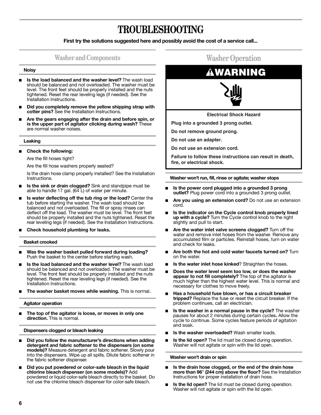 Whirlpool IAS5000RQ0 warranty Troubleshooting, WasherandComponents 