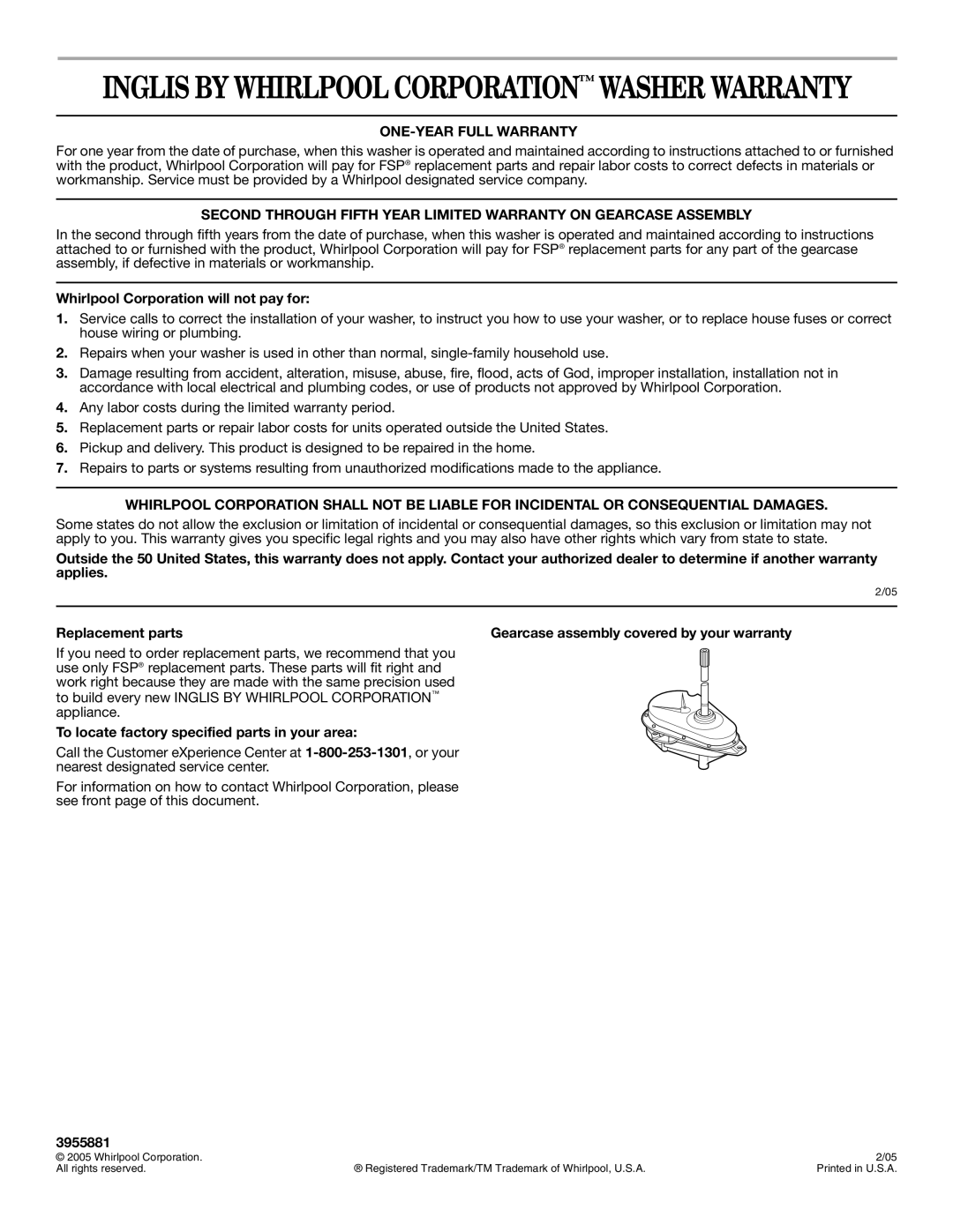 Whirlpool IAS5000RQ0 warranty ONE-YEAR Full Warranty, Whirlpool Corporation will not pay for, 3955881 