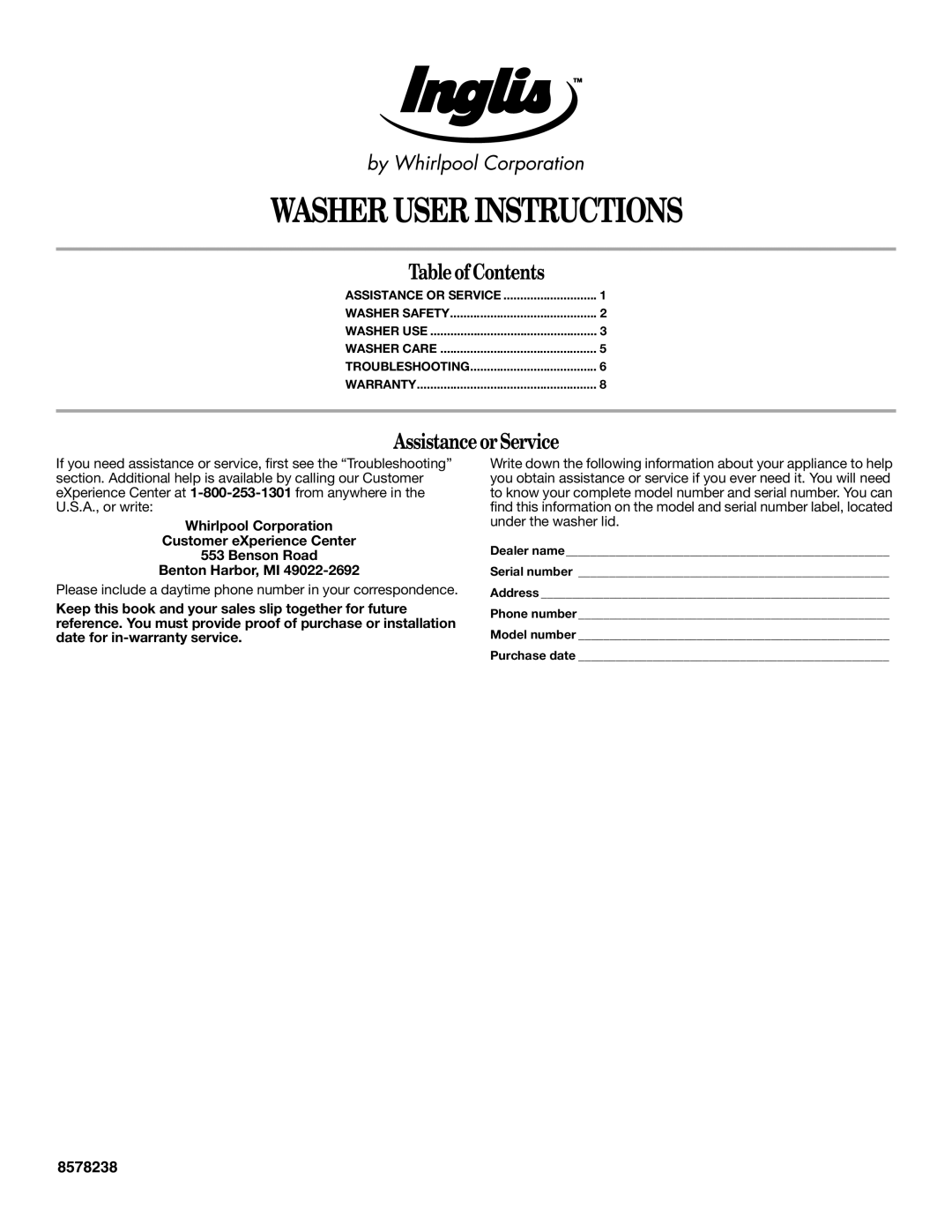 Whirlpool IAS5000RQ2 warranty Washer User Instructions 