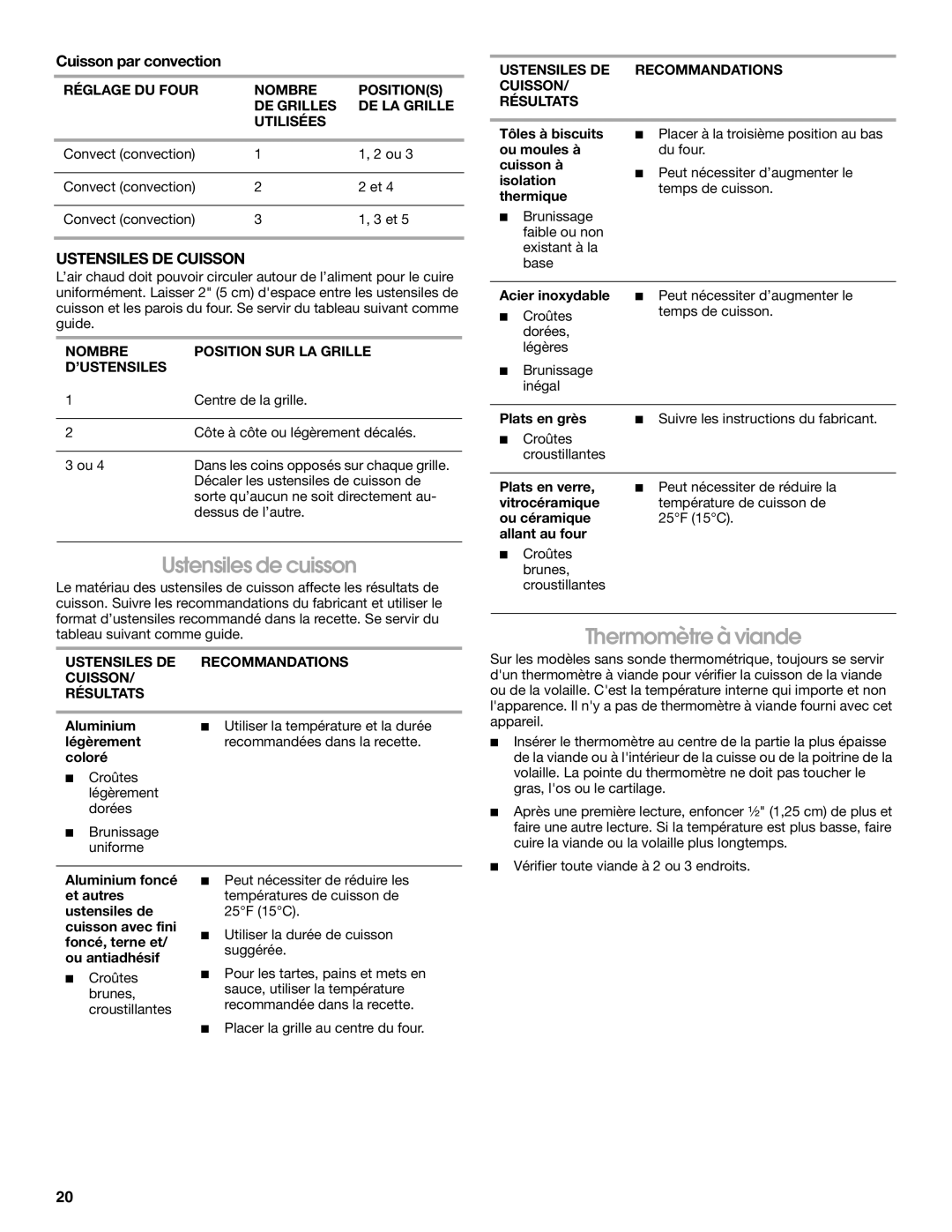 Whirlpool IBD550P, IBS330P manual Ustensiles de cuisson, Thermomètre à viande, Cuisson par convection, Ustensiles DE Cuisson 