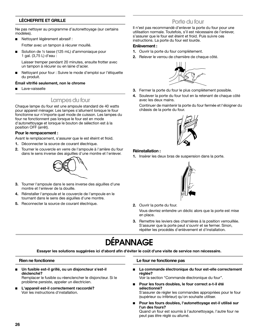 Whirlpool IBD550P, IBS330P manual Dépannage, Porte du four, Lampes du four, Lèchefrite ET Grille 