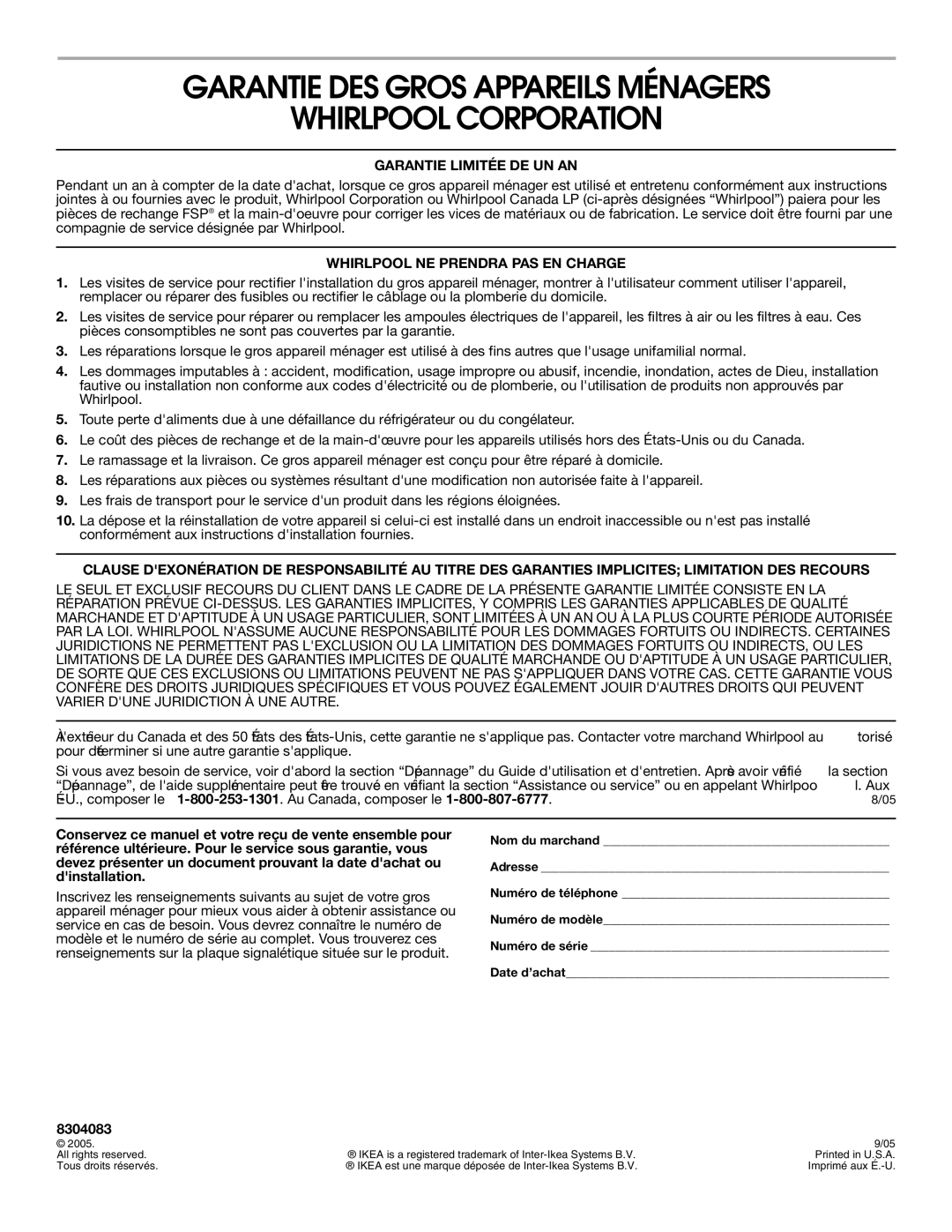 Whirlpool IBD550P, IBS330P Garantie DES Gros Appareils Ménagers Whirlpool Corporation, Garantie Limitée DE UN AN, 8304083 