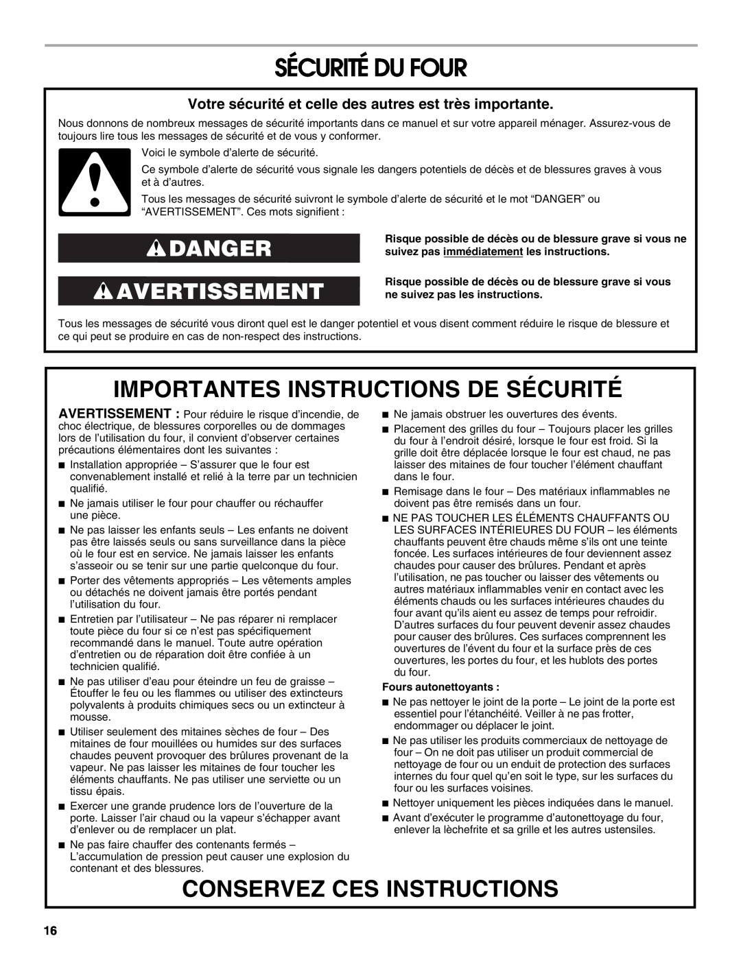 Whirlpool IBD550P Sécurité Du Four, Importantes Instructions De Sécurité, Conservez Ces Instructions, Danger Avertissement 