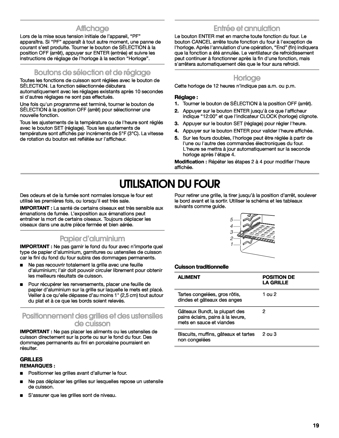 Whirlpool IBS330P manual Utilisation Du Four, Affichage, Entrée et annulation, Boutons de sélection et de réglage, Horloge 